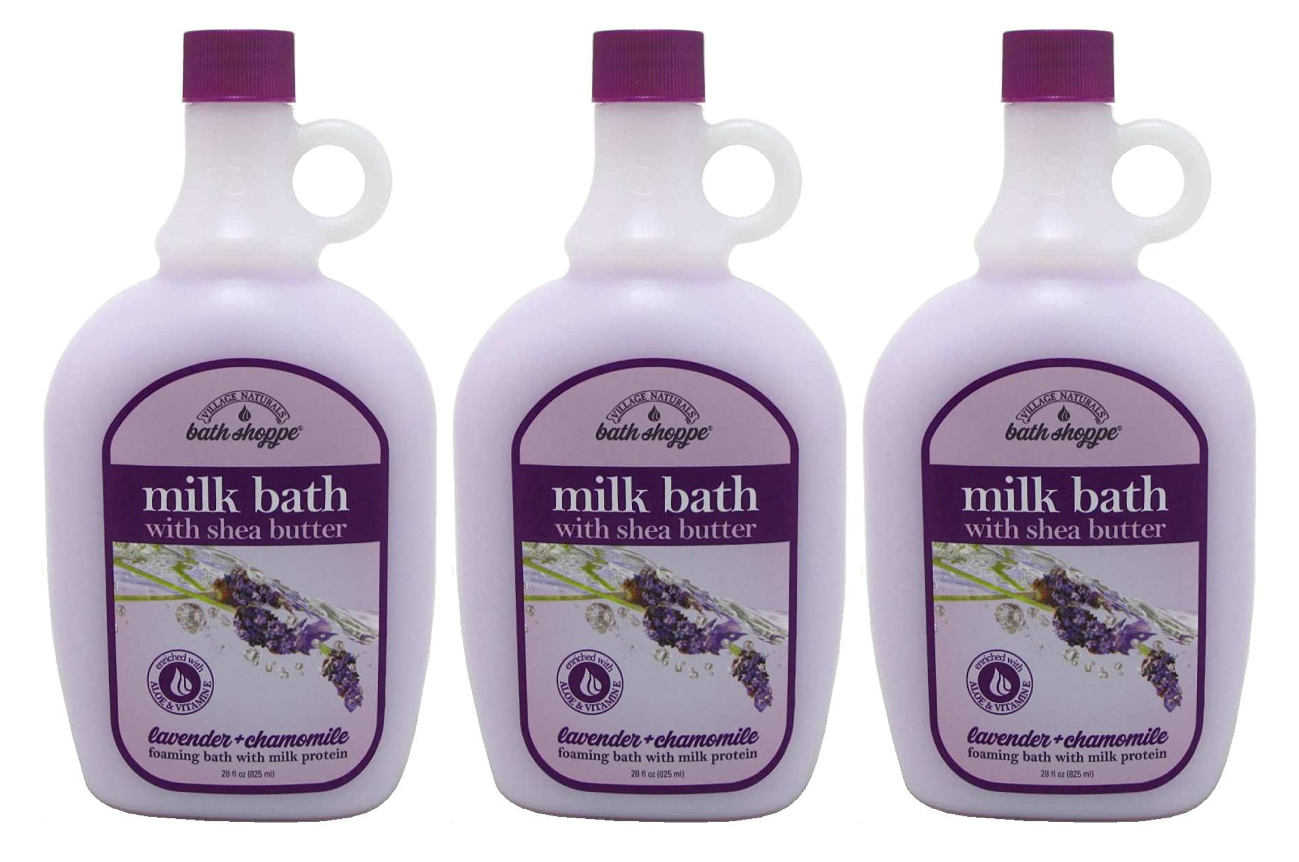 Village Naturals Therapy bath milk pack-shot showing three-bottle set