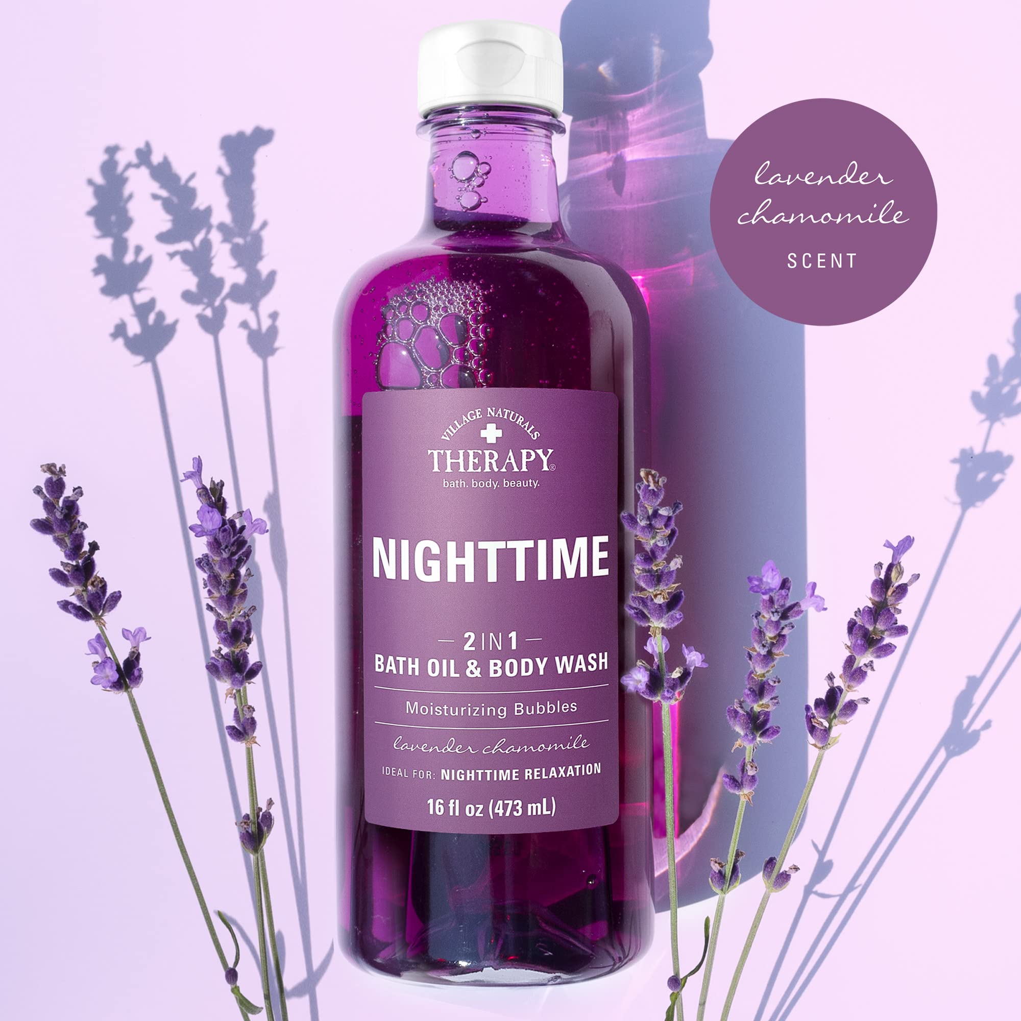 Village Naturals Therapy Nighttime Relief lavender chamomile aroma promoting bedtime calm.