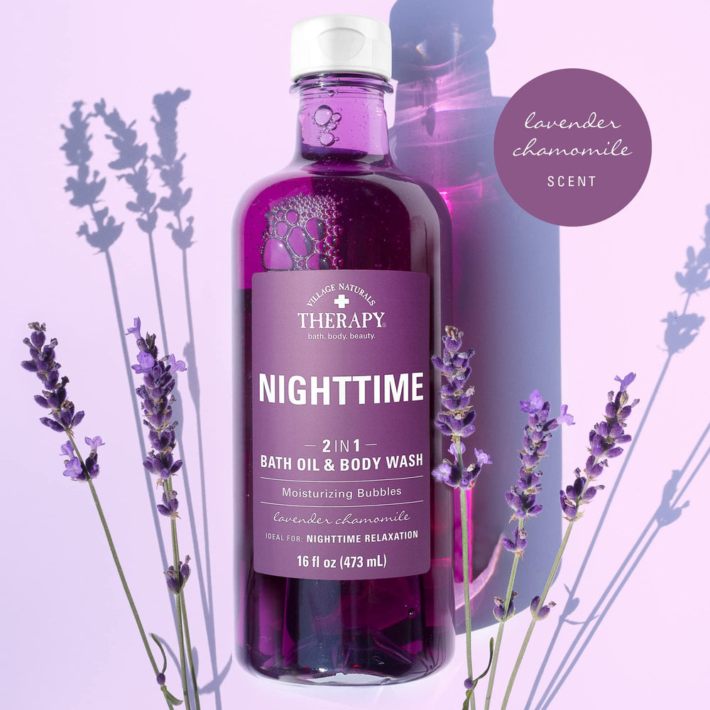 Village Naturals Therapy Nighttime Relief lavender chamomile aroma promoting bedtime calm.