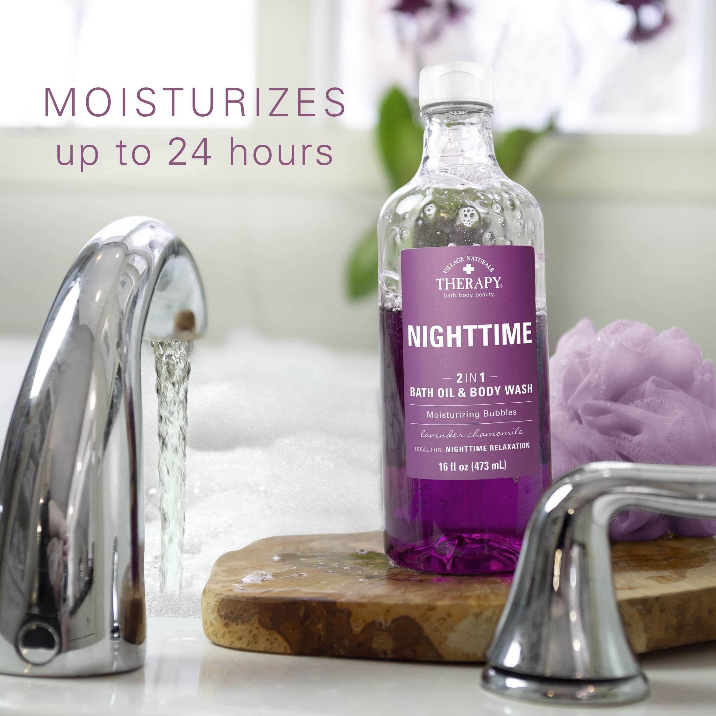 Village Naturals Therapy Nighttime Relief lavender chamomile ingredient highlight for soothing fragrance.