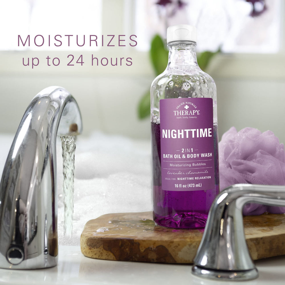 Village Naturals Therapy Nighttime Relief lavender chamomile ingredient highlight for soothing fragrance.