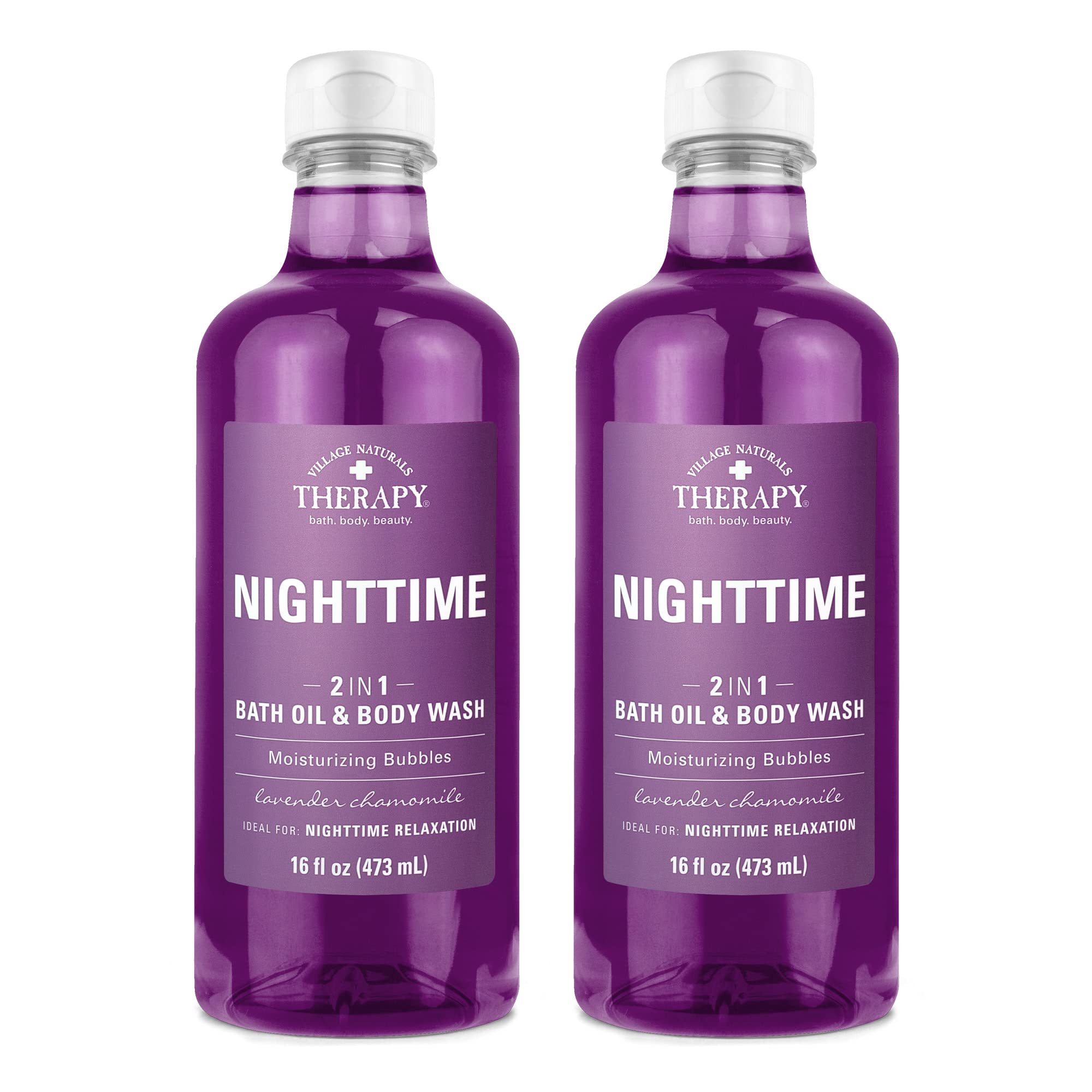 Village Naturals Therapy Nighttime Relief bath oil bottle close-up for calming bedtime relaxation.