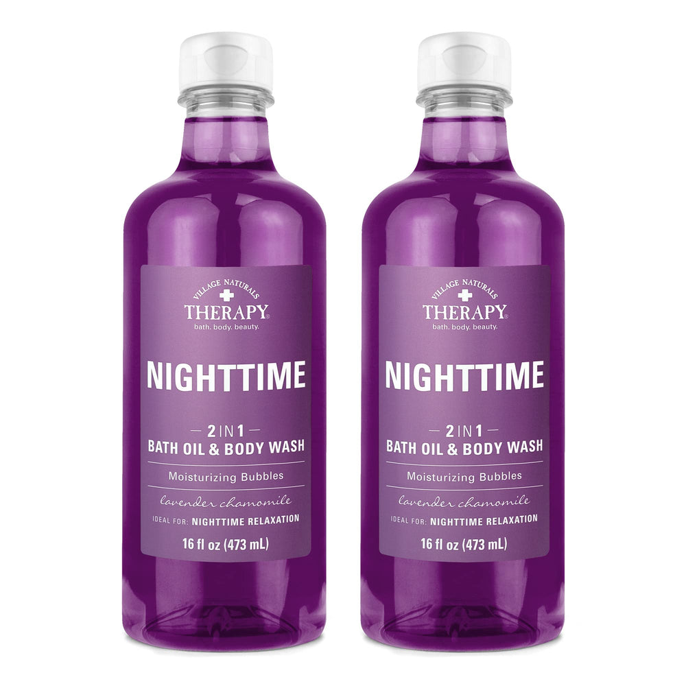Village Naturals Therapy Nighttime Relief bath oil bottle close-up for calming bedtime relaxation.