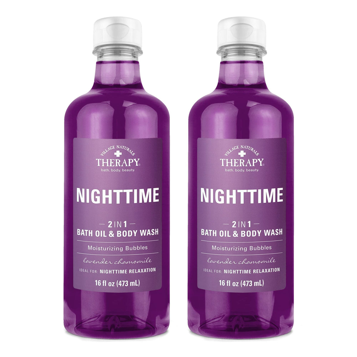 Village Naturals Therapy Nighttime Relief bath oil bottle close-up for calming bedtime relaxation.