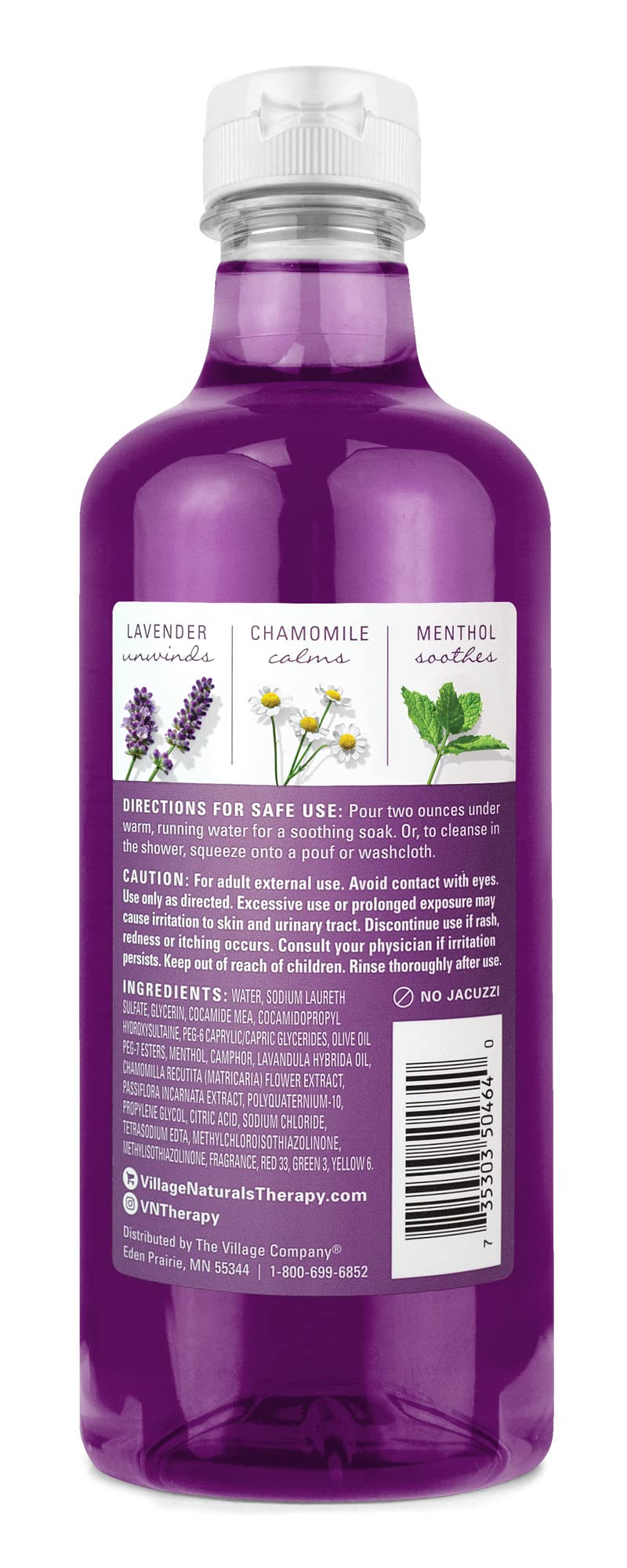 Village Naturals Therapy Nighttime Relief bath oil pour shot showing soothing bath ritual.
