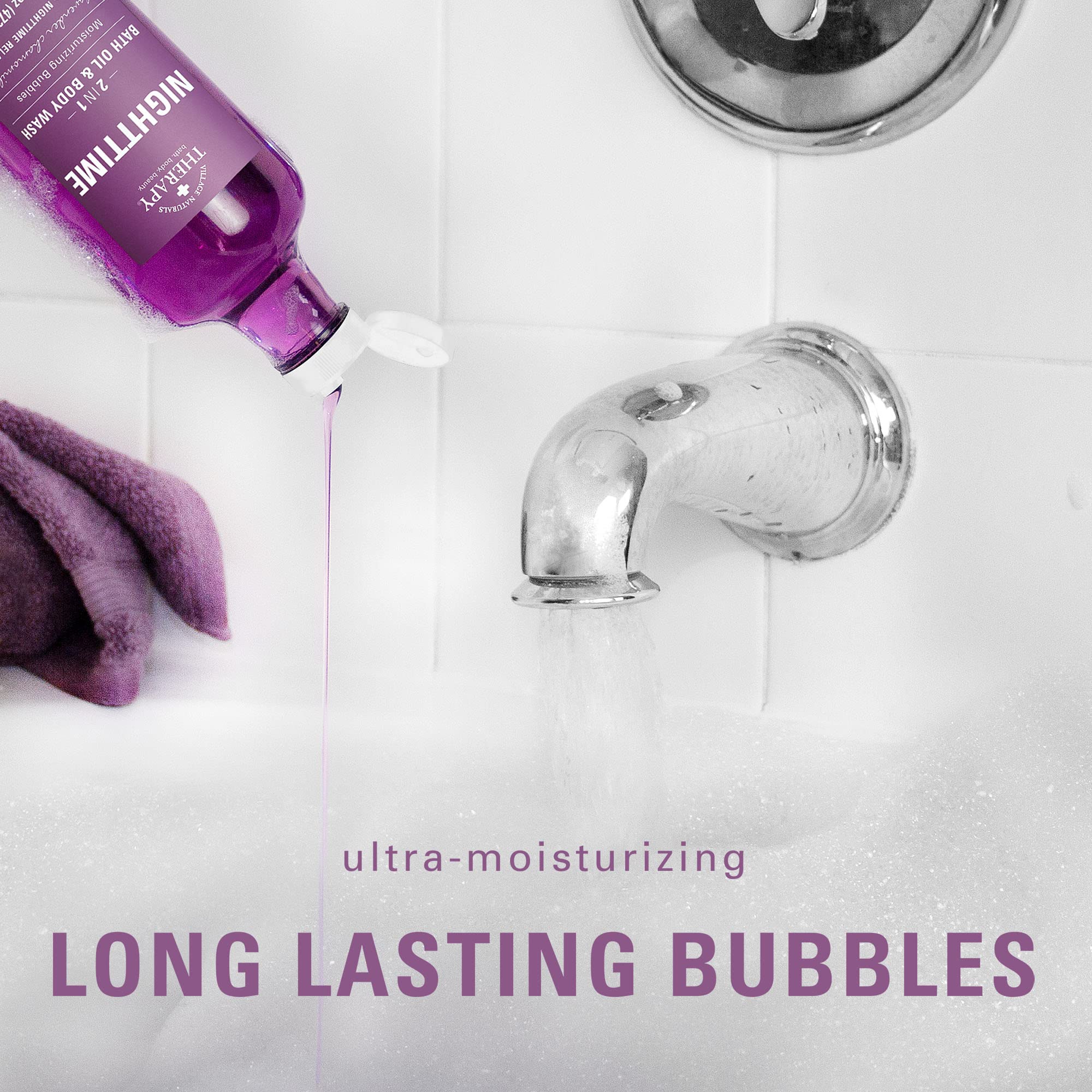 Village Naturals Therapy Nighttime Relief bath tub scene suggesting a relaxing soak.