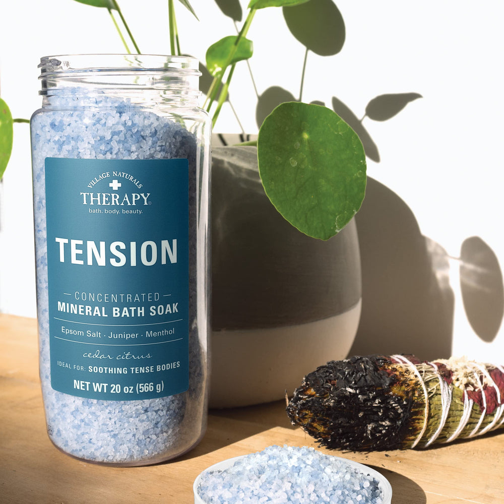 Village Naturals Therapy tension bath soak Cedar Citrus spa-like ambiance promotes unwinding