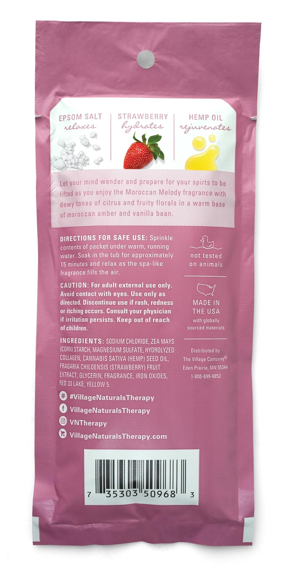 Village Naturals Therapy Glow label highlights Moroccan Melody scent.
