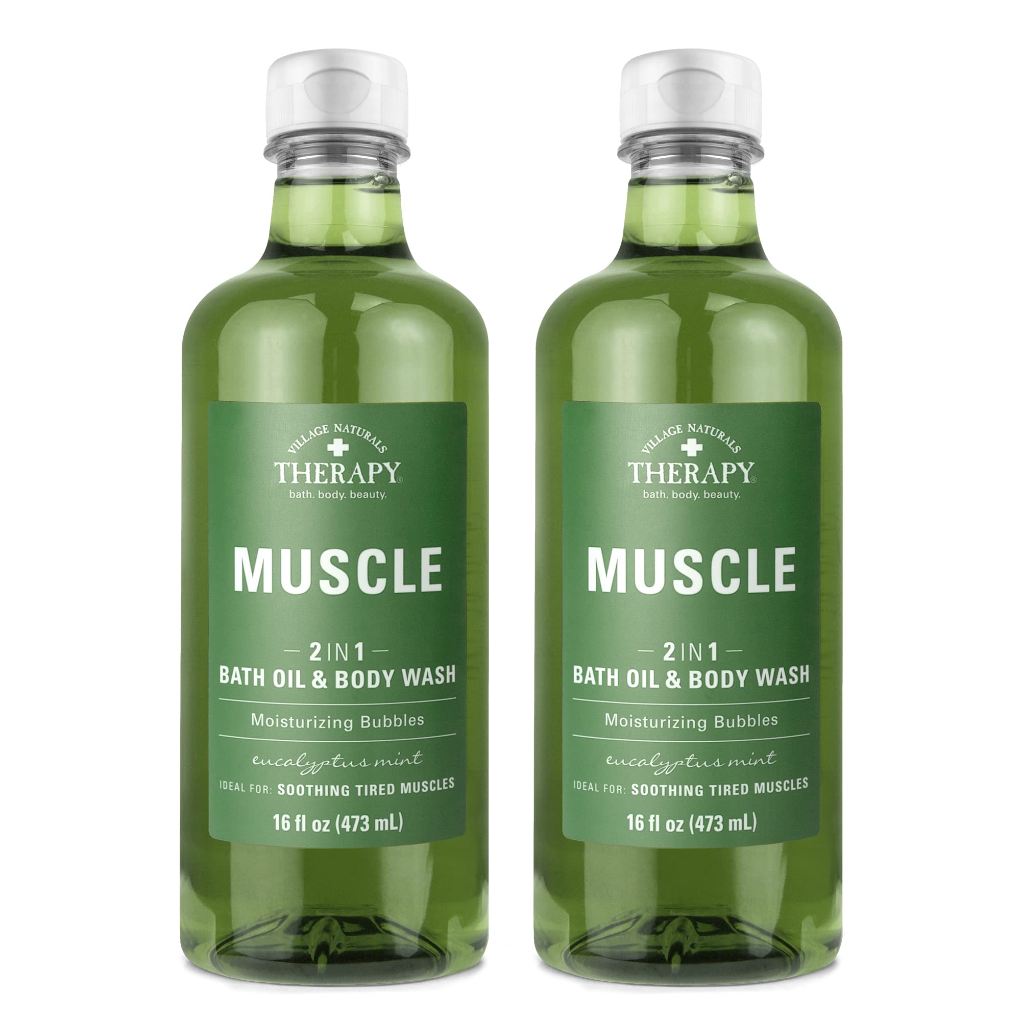 Village Naturals Therapy Muscle Bath Oil bottle shown for soothing recovery after workouts