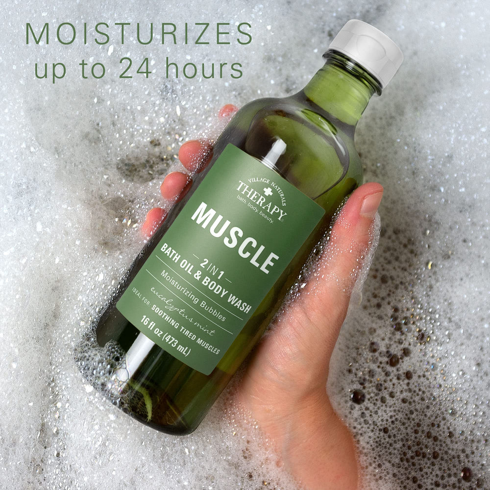 Village Naturals Therapy use in the shower with a pouf for cleansing