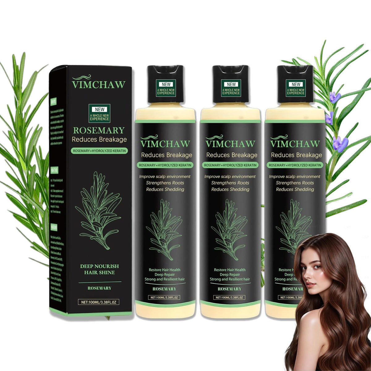 Vimchaw Organic Rosemary Shampoo bottle with keratin promotes stronger hair and reduced breakage.