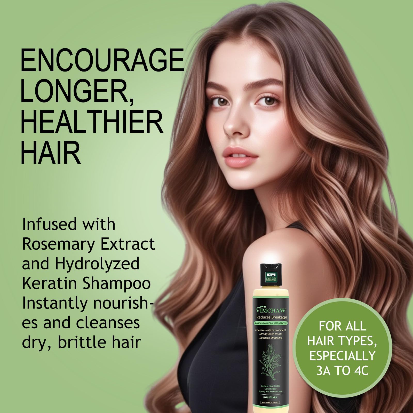 Vimchaw rosemary shampoo bottle beside dry hair texture for moisture and manageability.