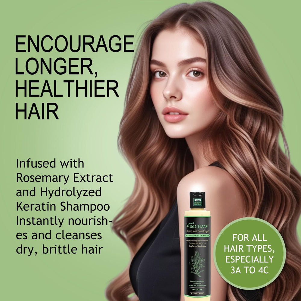 Vimchaw rosemary shampoo bottle beside dry hair texture for moisture and manageability.