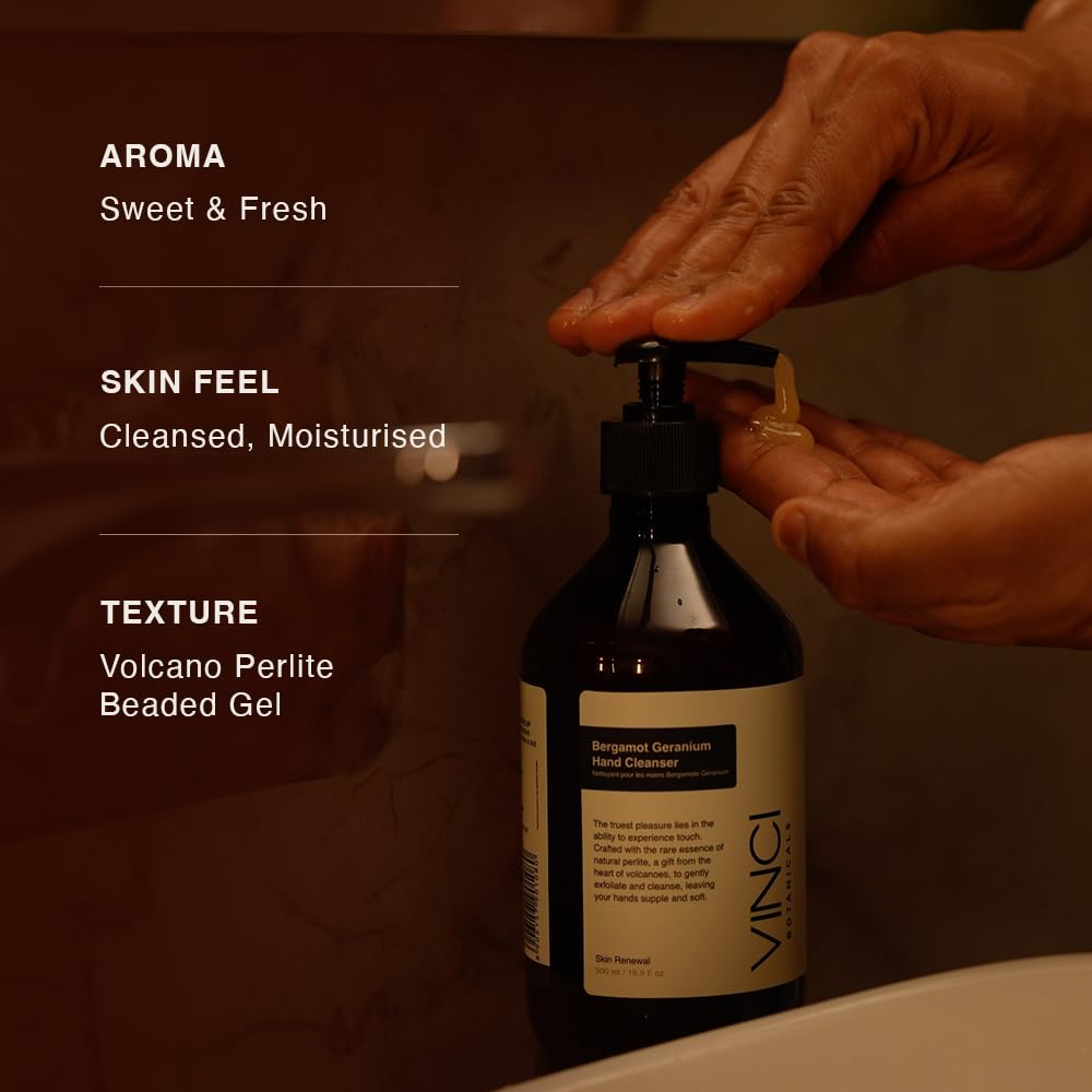 Aroma dulce y fresco de Vinci Botanicals Bergamot Geranium durante el lavado de manos.