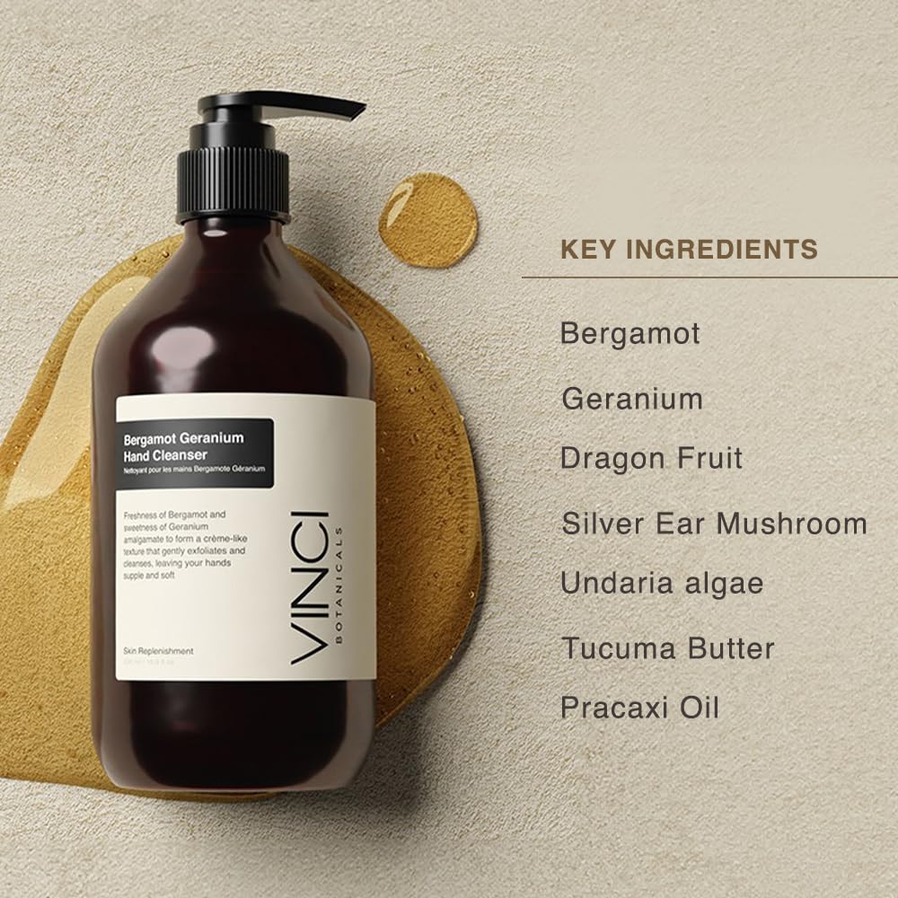 Vinci Botanicals Bergamot Geranium Hand Cleanser ingredients collage highlighting oils and plant actives