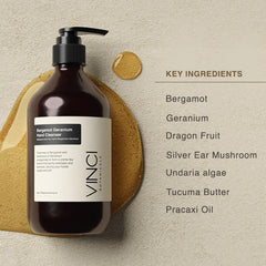 Vinci Botanicals Bergamot Geranium Hand Cleanser ingredients collage highlighting oils and plant actives