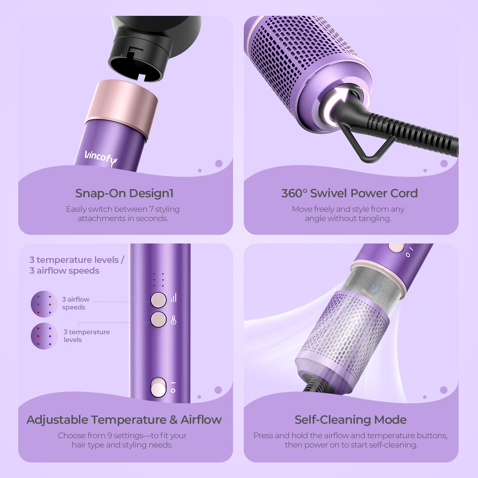Vincofy detachable brush heads enabling easy cleaning and maintenance