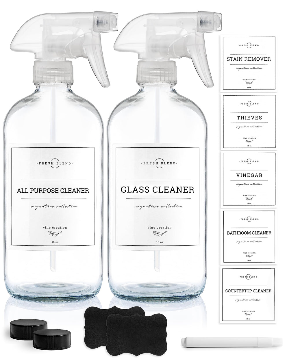 Vine Creations glass spray bottles 2-pack, durable refillables for home cleaning tasks.
