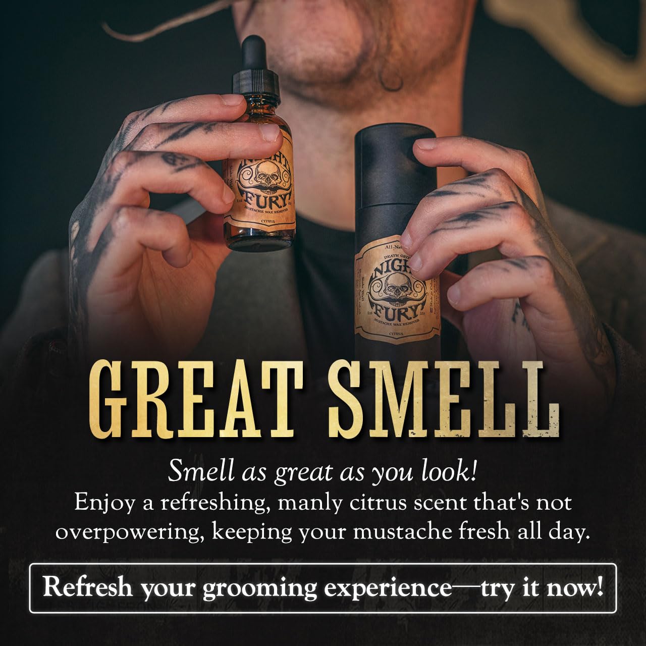 Citrus scented Night Fury Oil enhances daily grooming ritual.