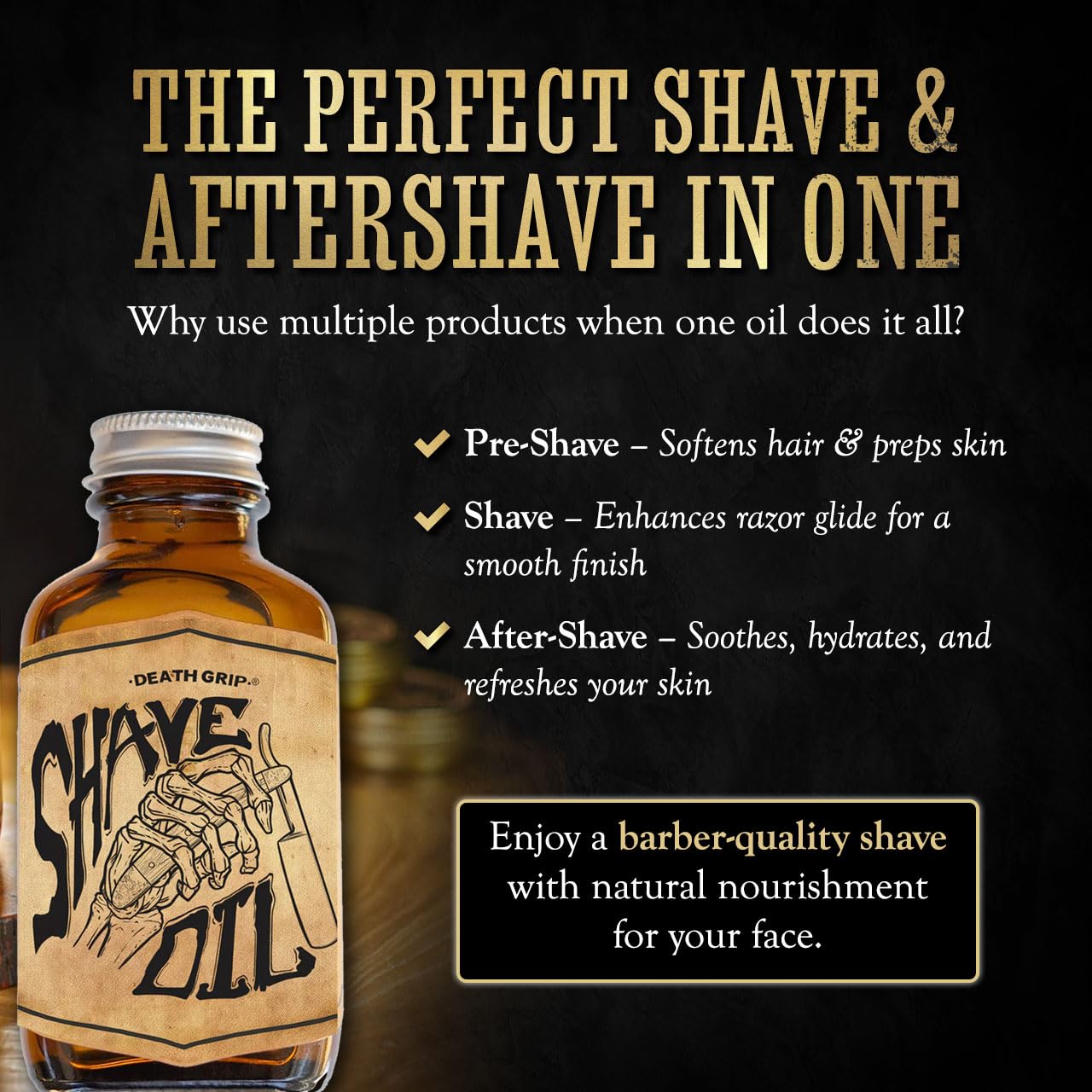 Vintage Grooming Co ingredient blend image highlights jojoba, apricot, grape seed oils.