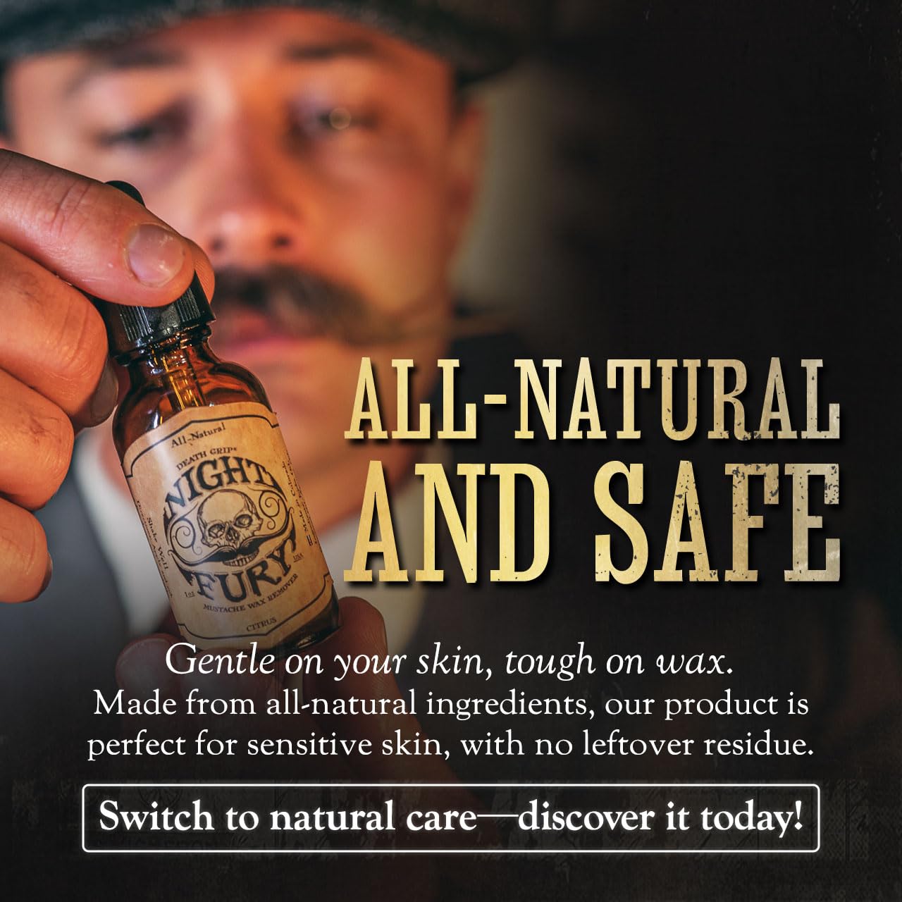 Close-up of moustache-cleanser applying Night Fury Oil to dissolve wax.