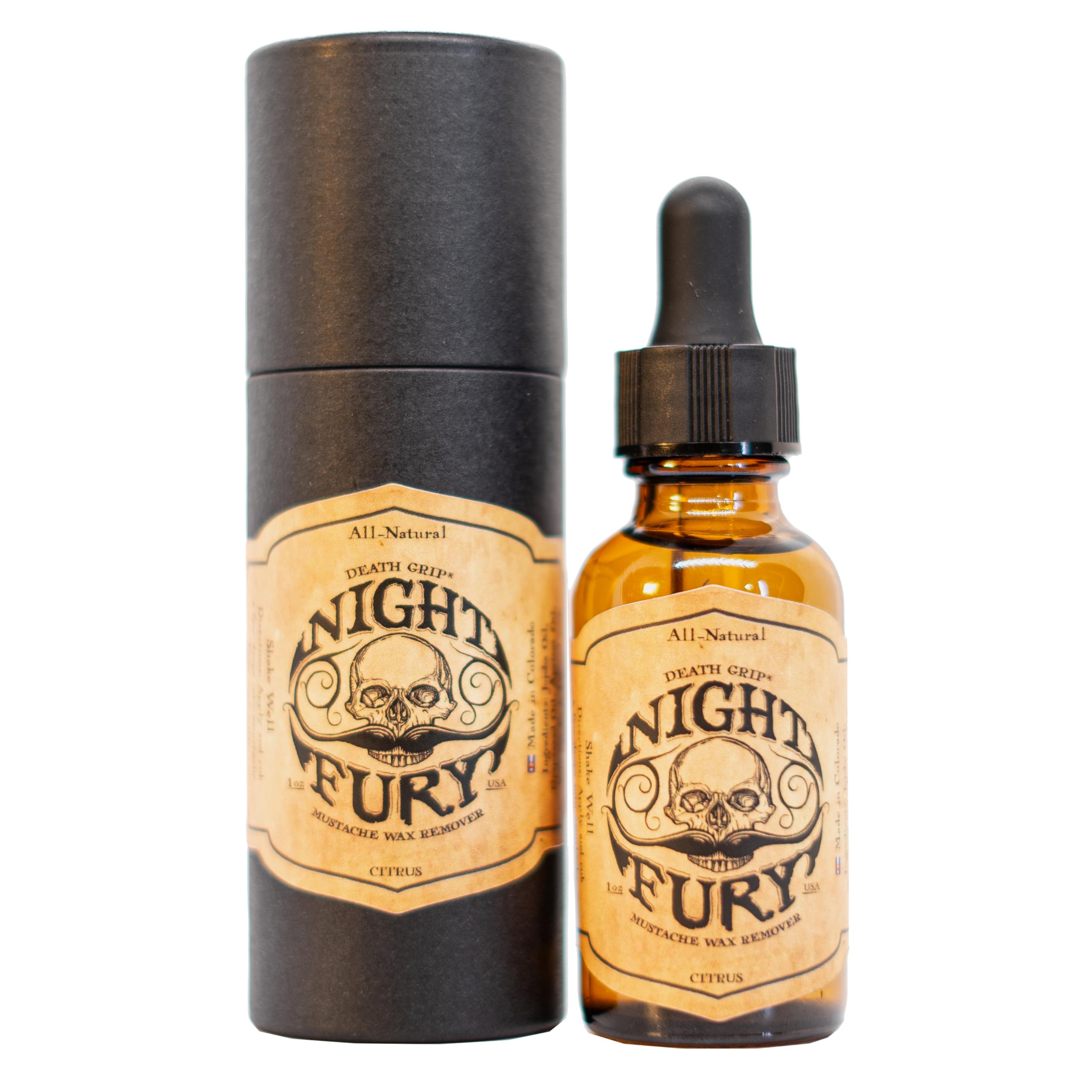 The Vintage Grooming Co Night Fury Oil bottle ready for quick wax removal.