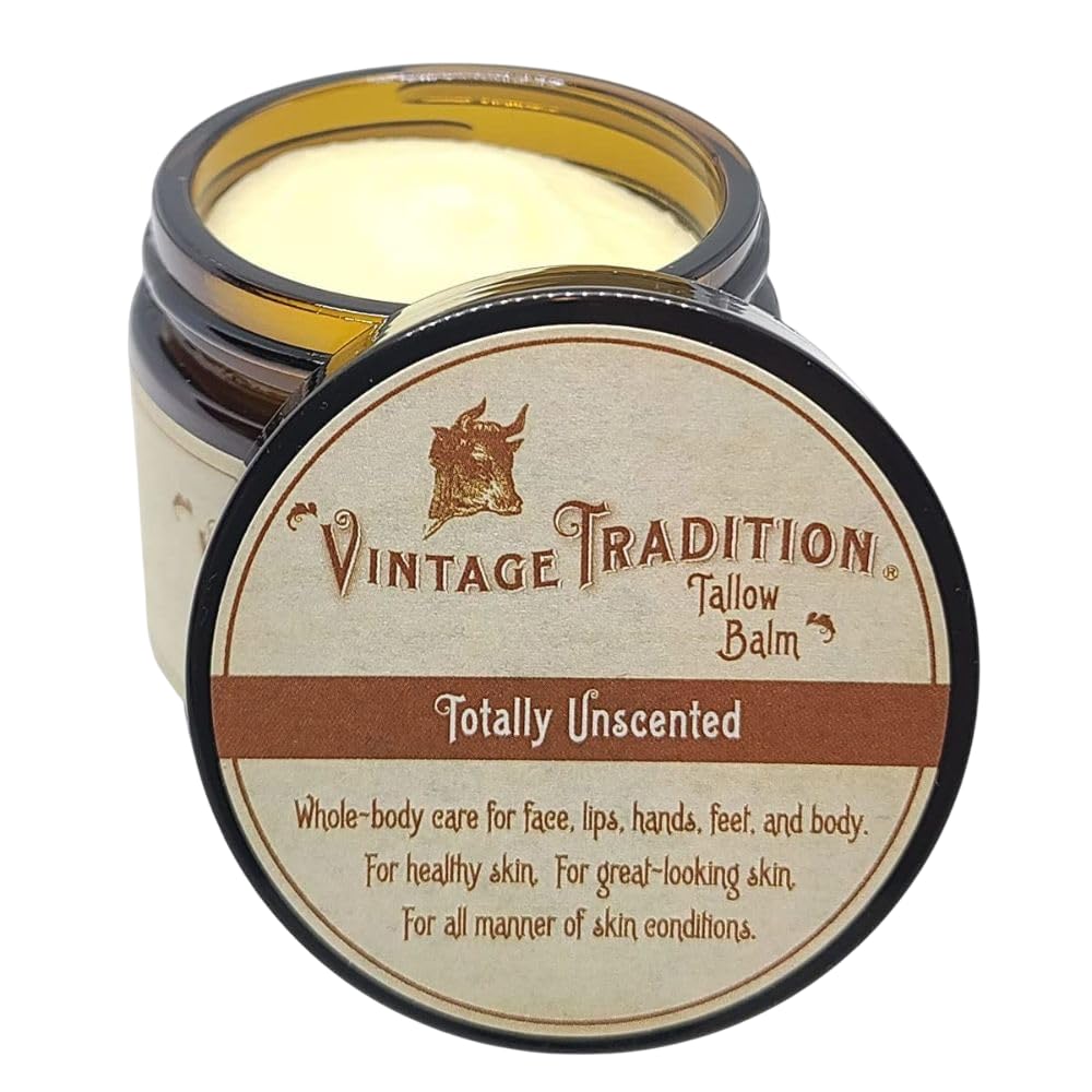 Vintage Tradition beef tallow balm unscented 2oz bottle delivers deep hydration