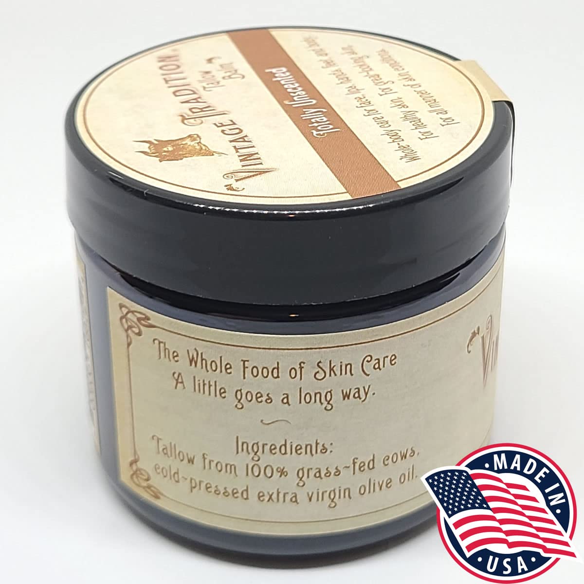 Vintage Tradition olive oil and tallow ingredients close-up highlight gentle formula for sensitive skin