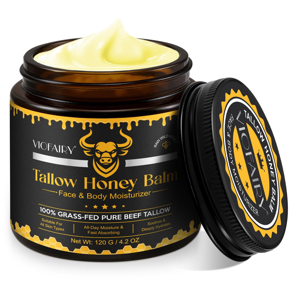 VIOFAIRY beef-tallow-face-balm-jar demonstrates whipped texture for quick absorption and hydration.