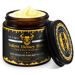 VIOFAIRY beef-tallow-face-balm-jar demonstrates whipped texture for quick absorption and hydration.
