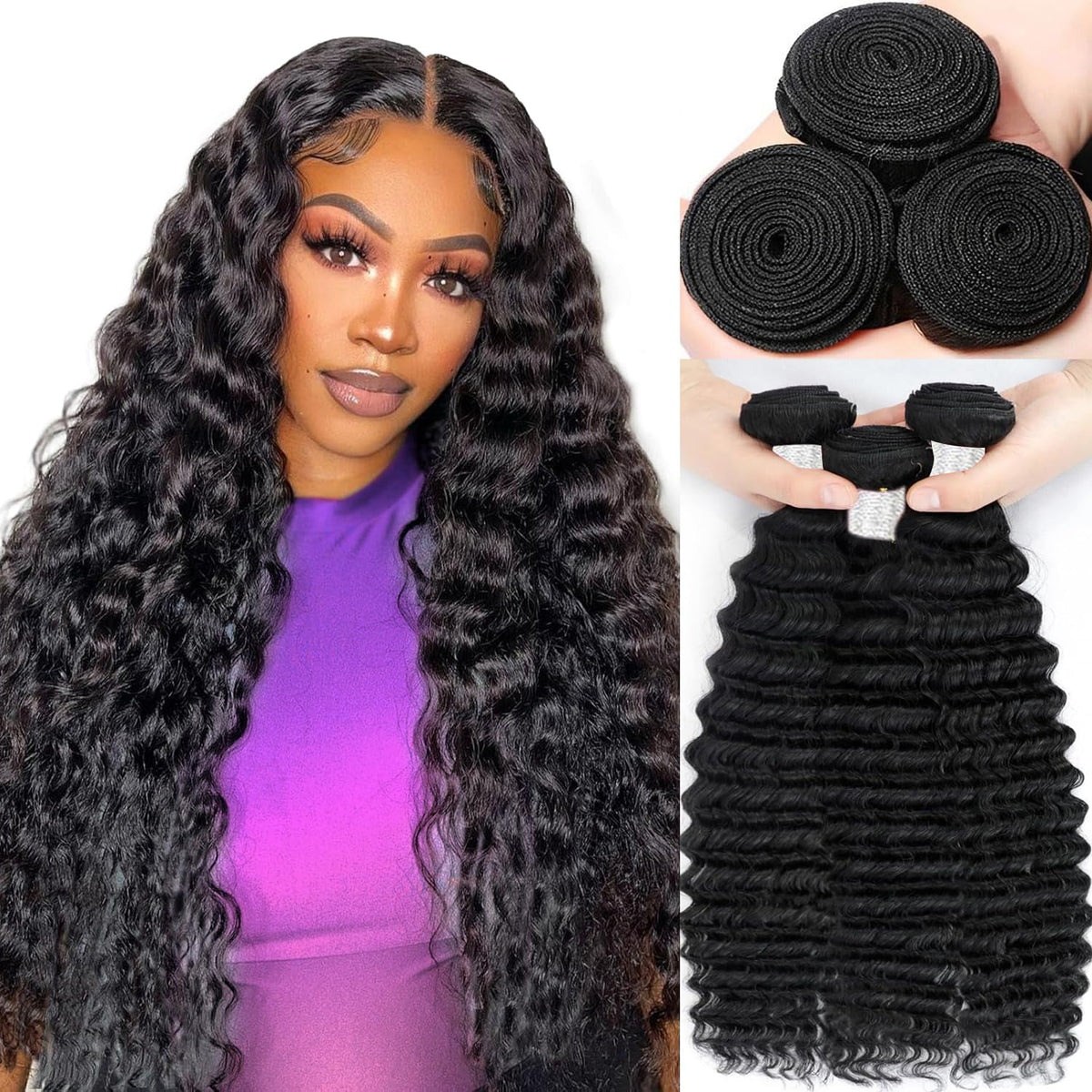 Violet 12A bundles deep-wave 18in show silky texture for versatile styling