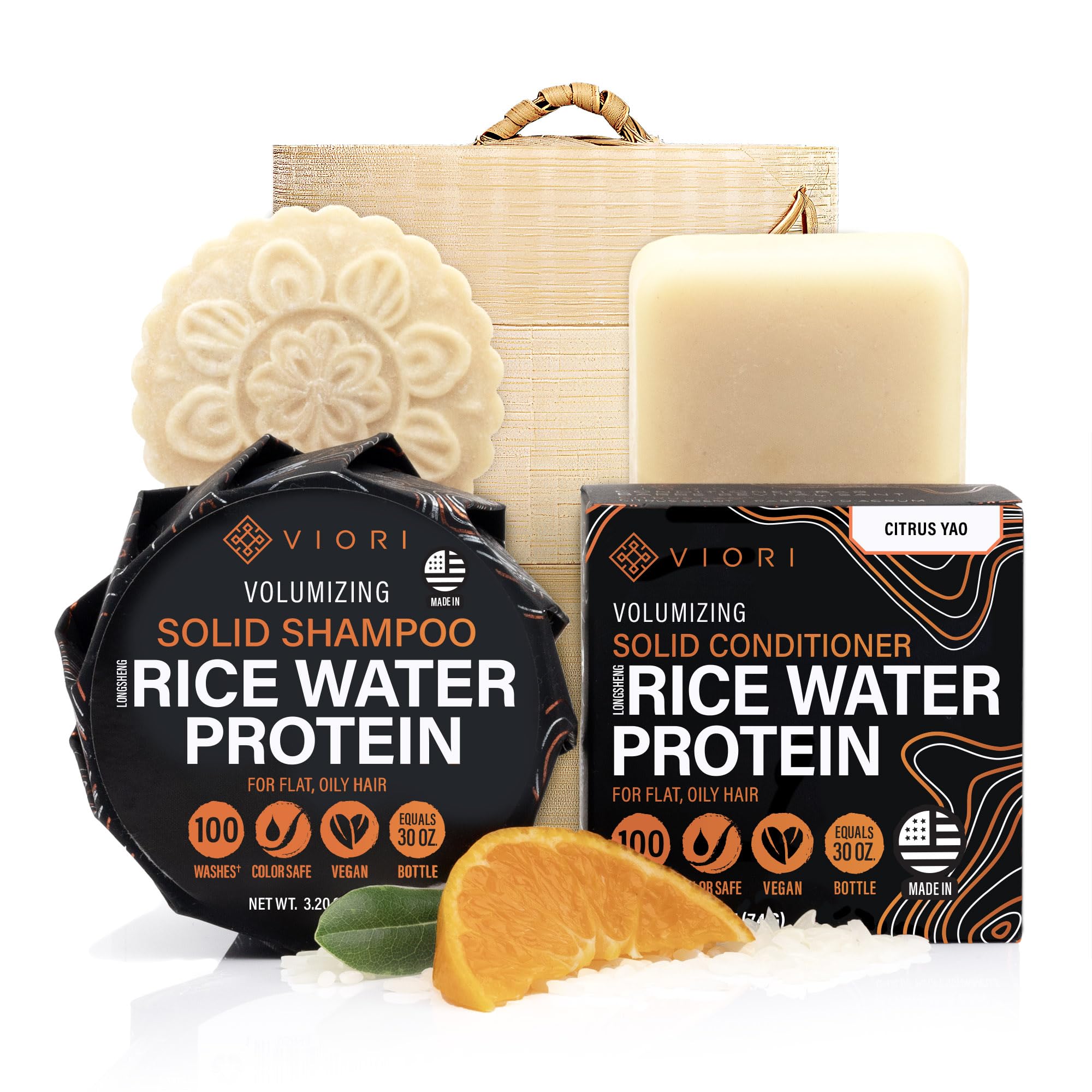 Viori Citrus Yao shampoo bar close-up showing nourishing texture for healthier-feeling hair.