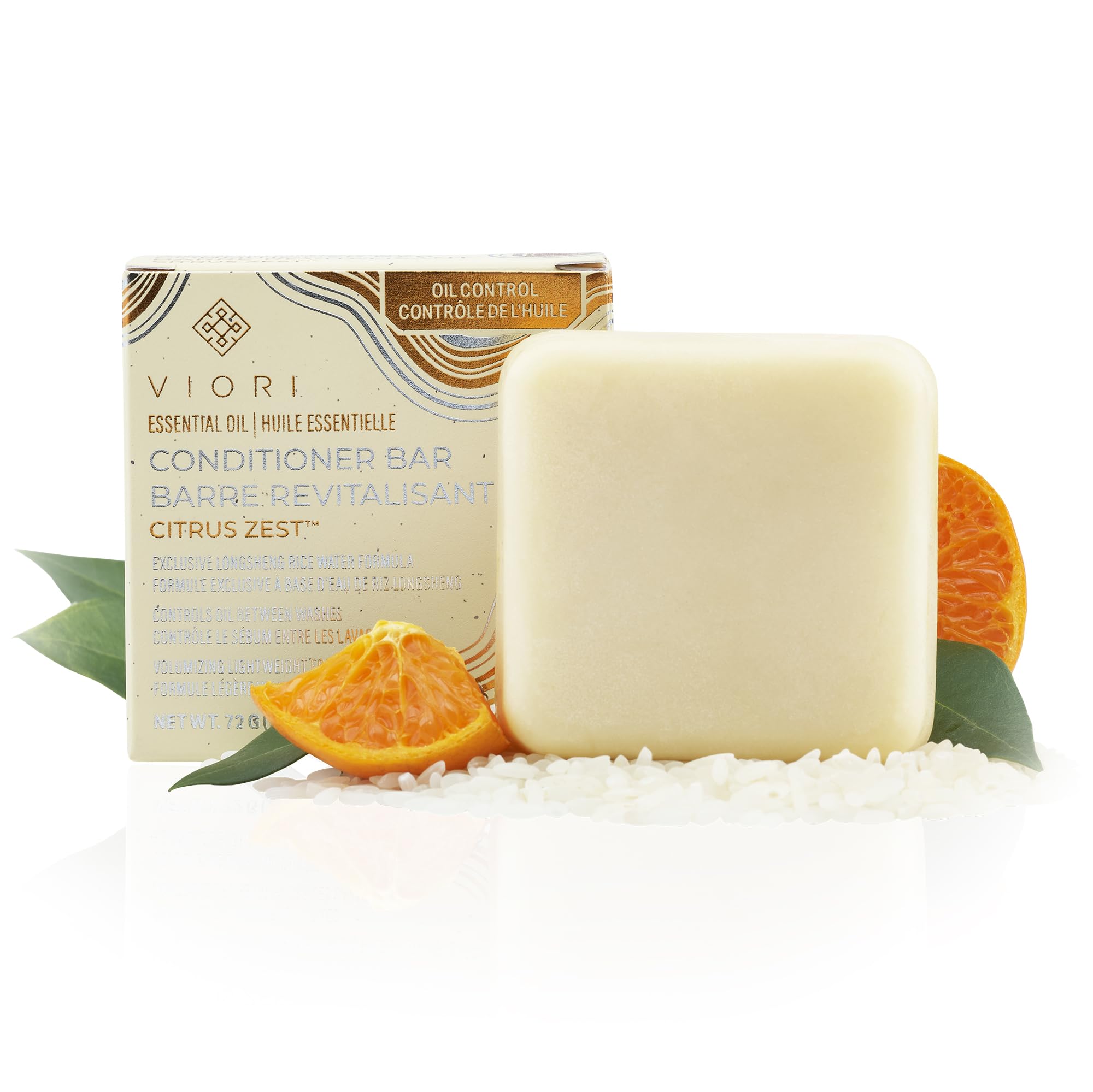Viori Citrus Zest conditioner bar close-up showing hydrating formula for detangling
