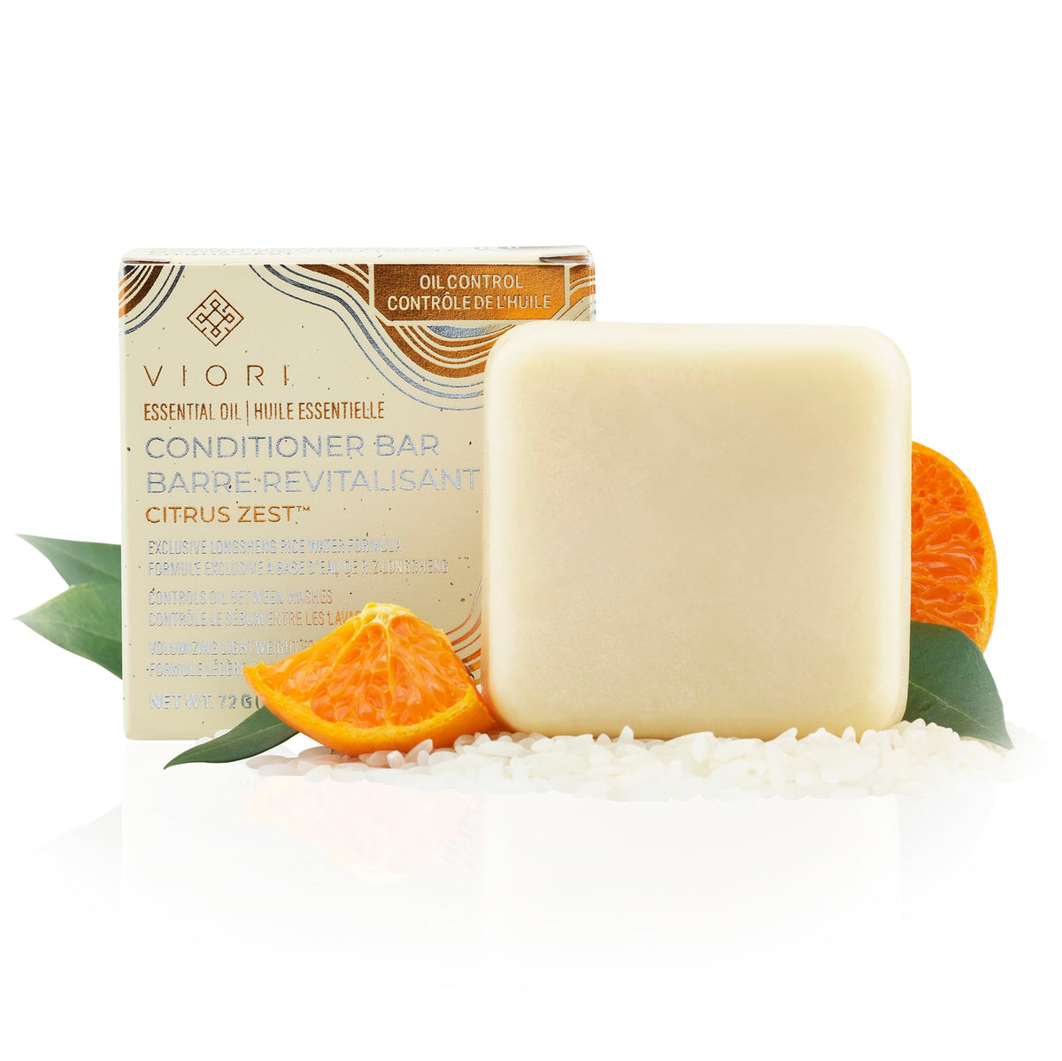 Viori Citrus Zest conditioner bar close-up showing hydrating formula for detangling