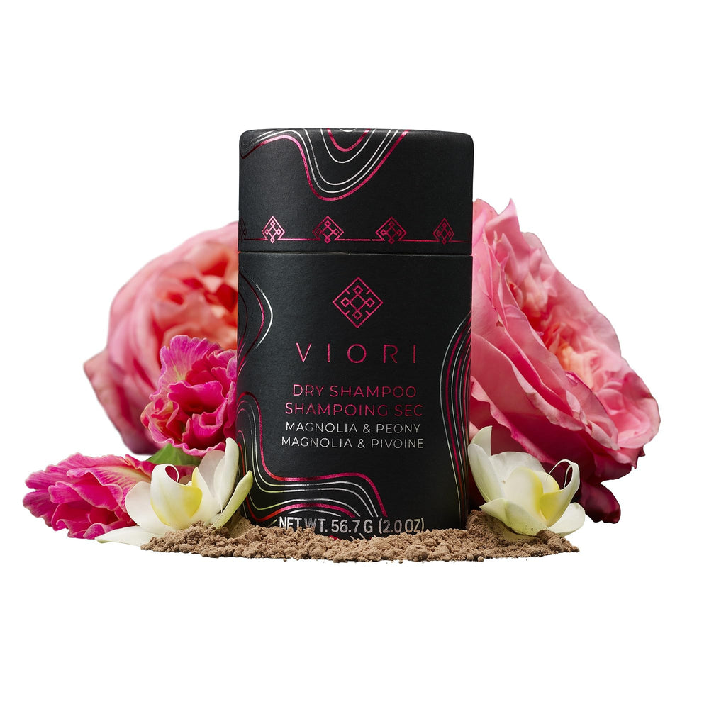 Viori Dry Shampoo Powder packaging highlighting Magnolia and Peony scent for quick refresh.