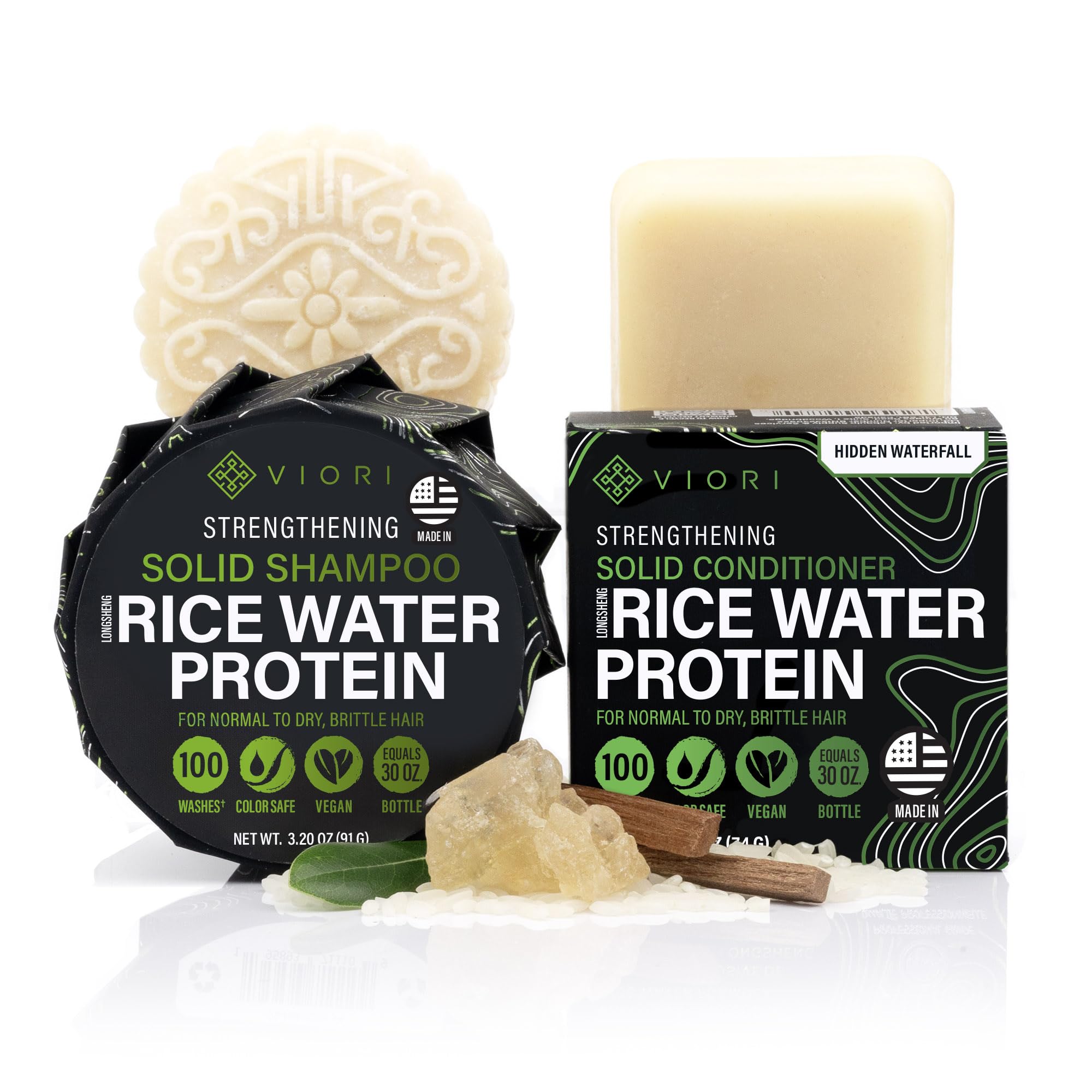 Viori Hidden Waterfall shampoo bar closeup shows nourishing rice water for vibrant hair