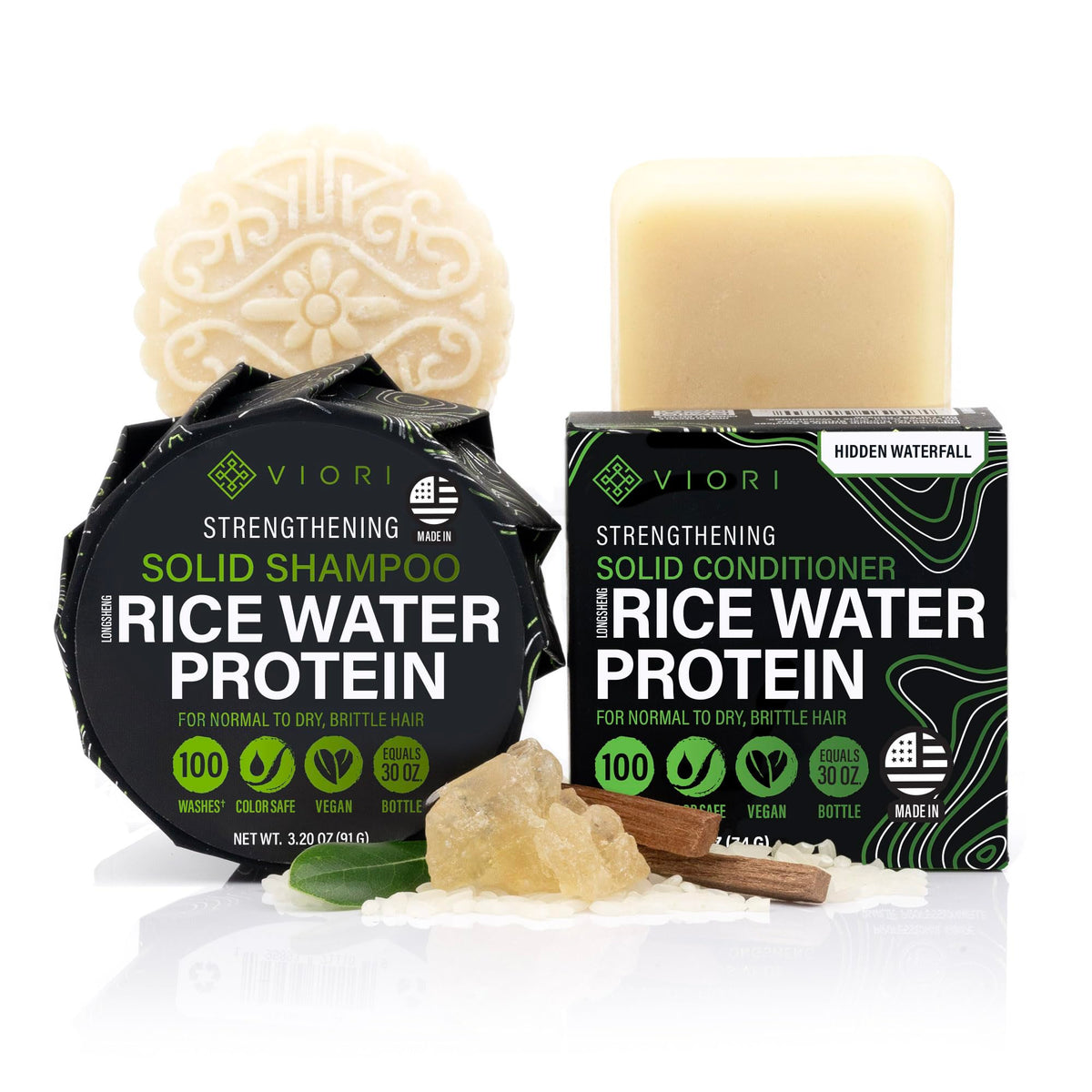 Viori Hidden Waterfall shampoo bar closeup shows nourishing rice water for vibrant hair
