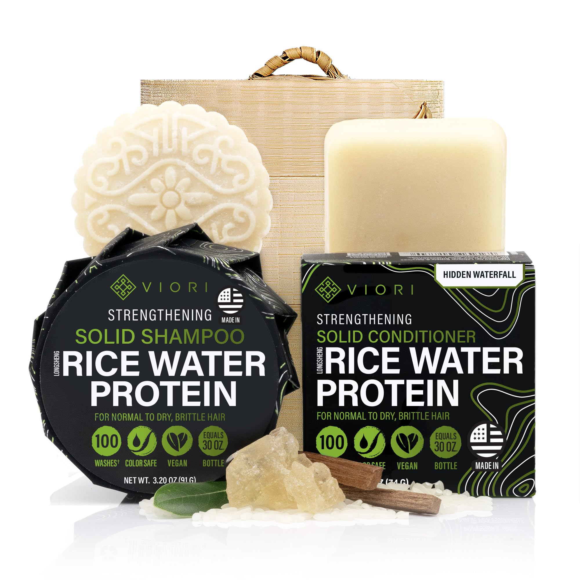 Viori Hidden Waterfall Shampoo Bar Set with bamboo holder for sulfate-free cleansing and travel convenience.