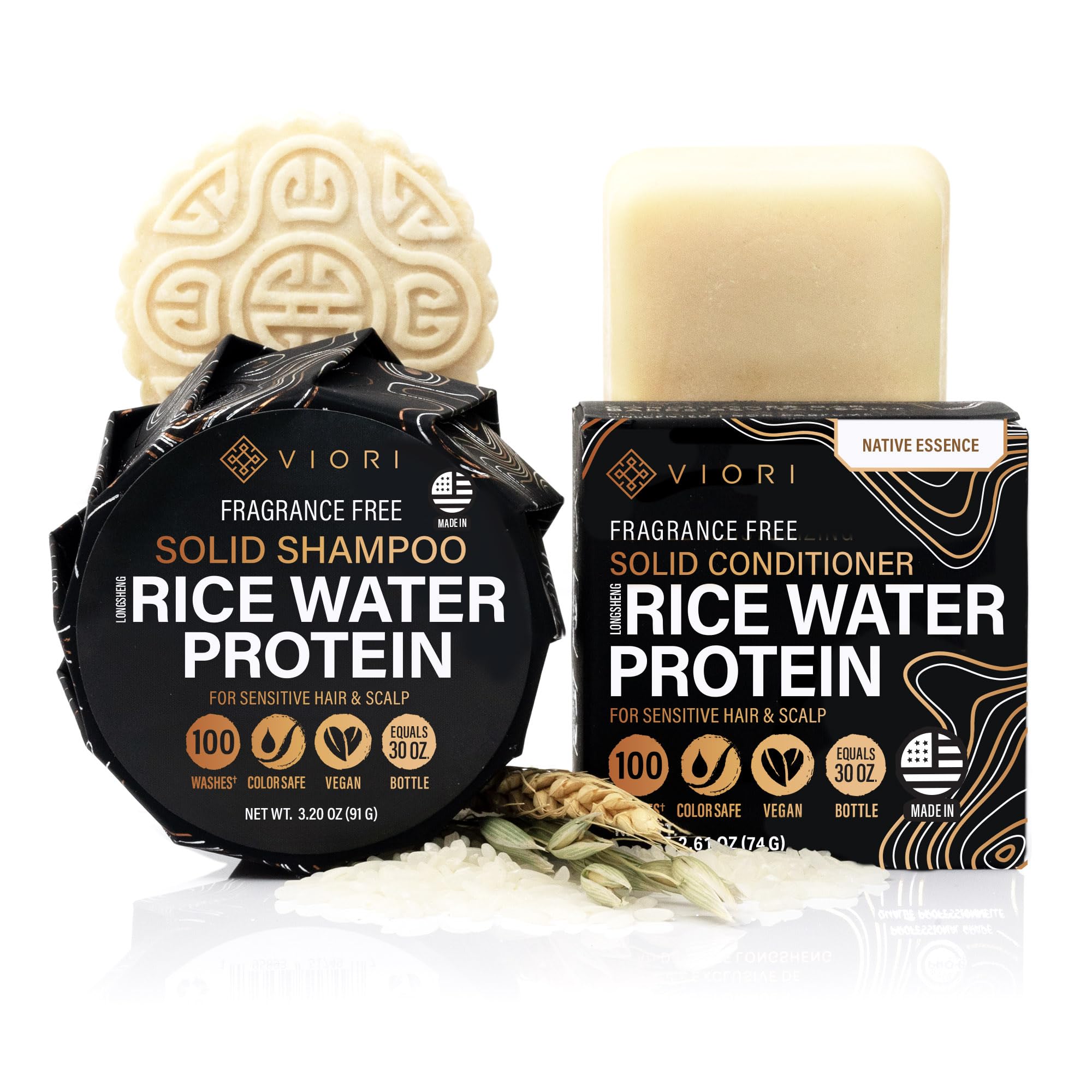 Viori Native Essence Shampoo Bar close-up highlighting rice water for vibrant hair.