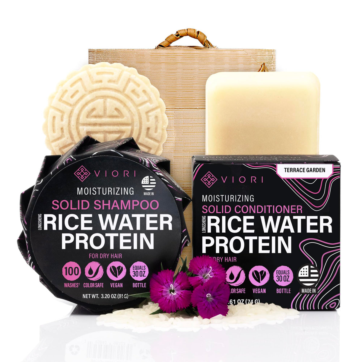 VIORI Terrace Garden shampoo bar front view, compact travel-friendly packaging