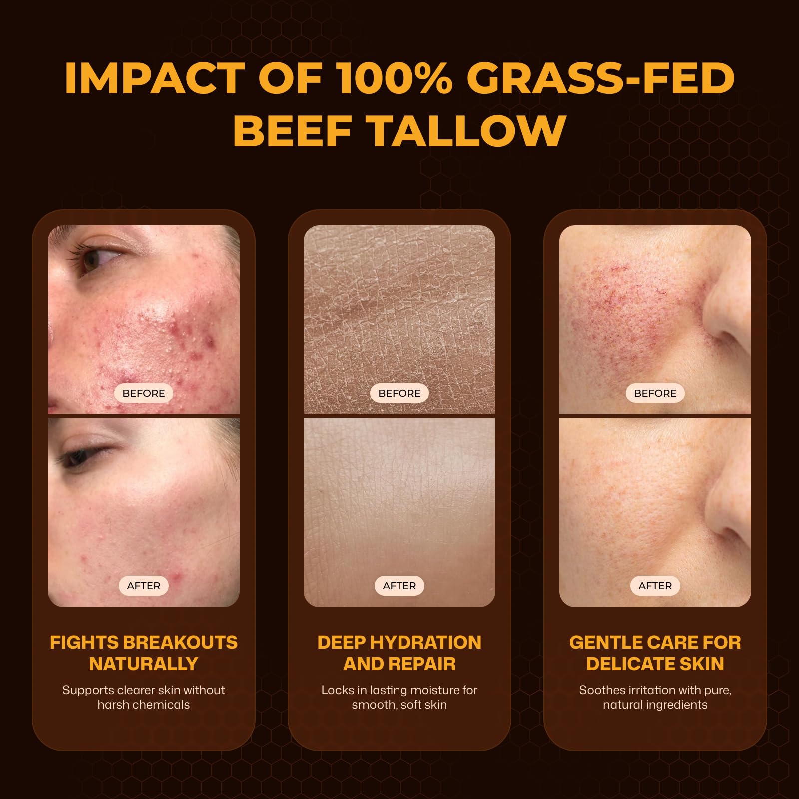 VIORY Tallow and Honey Balm ingredients showcase grass-fed tallow and raw honey for natural nourishment.