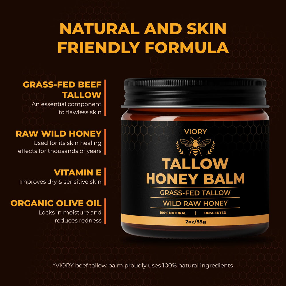 VIORY Tallow and Honey Balm texture closeup highlights whipped balm for easy, even application.