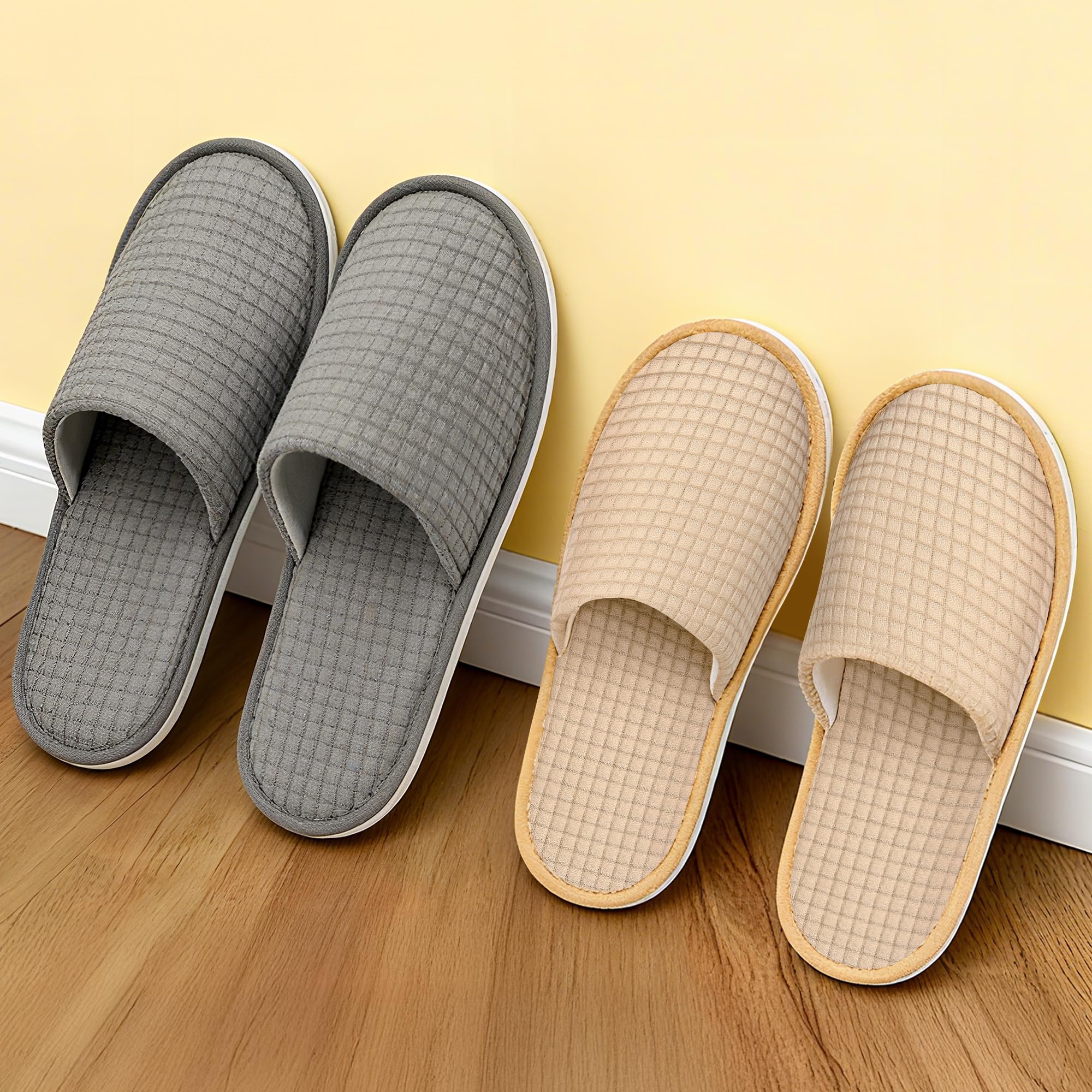 Vipay M-size beige disposable slippers shown for indoor guest comfort.