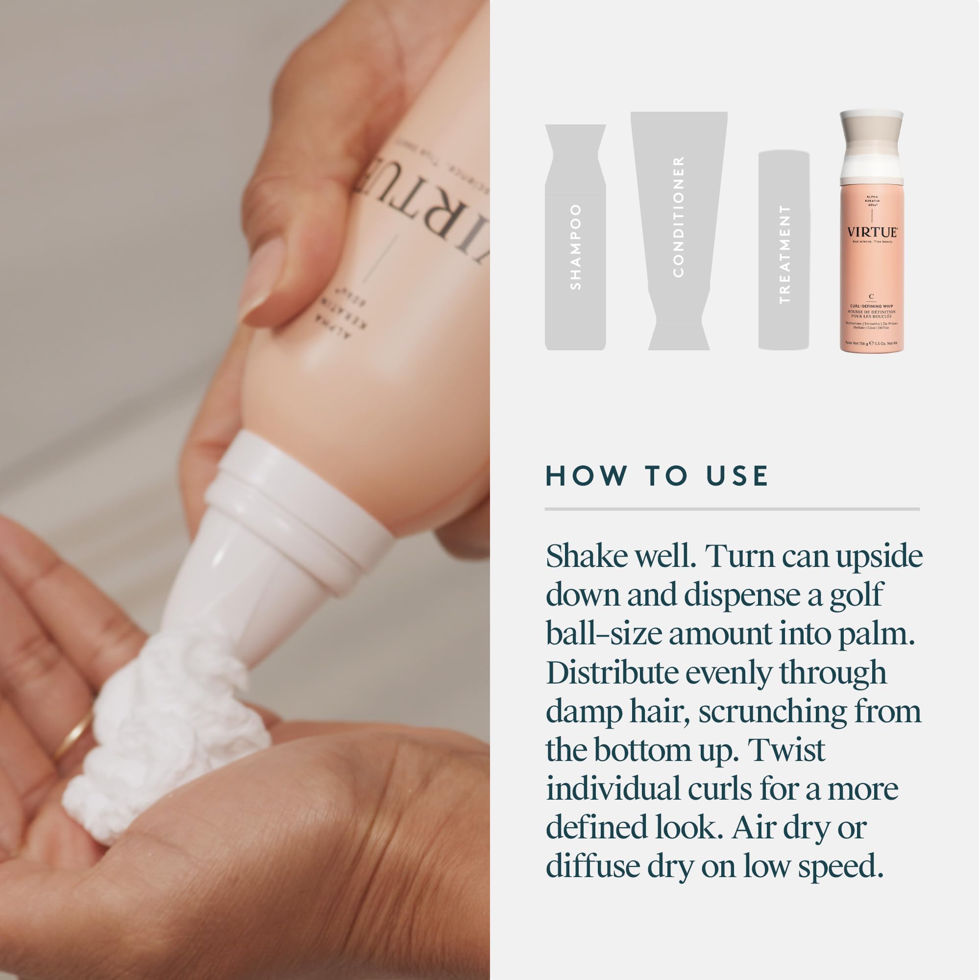 Virtue Curl Defining Whip demonstrates clean, vegan ingredients and cruelty-free status.