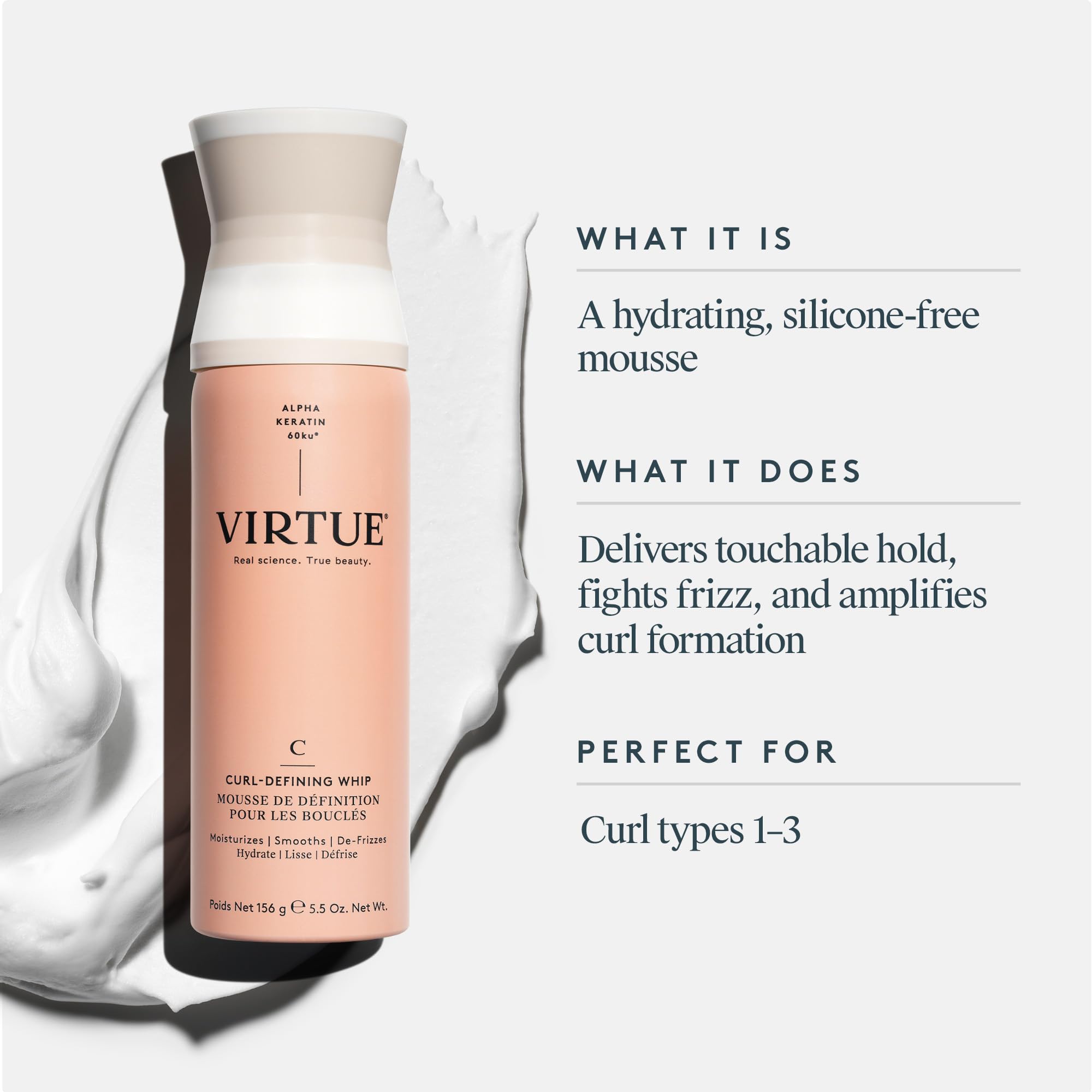 Virtue Curl Defining Whip applied to damp hair for lightweight hydration and hold.