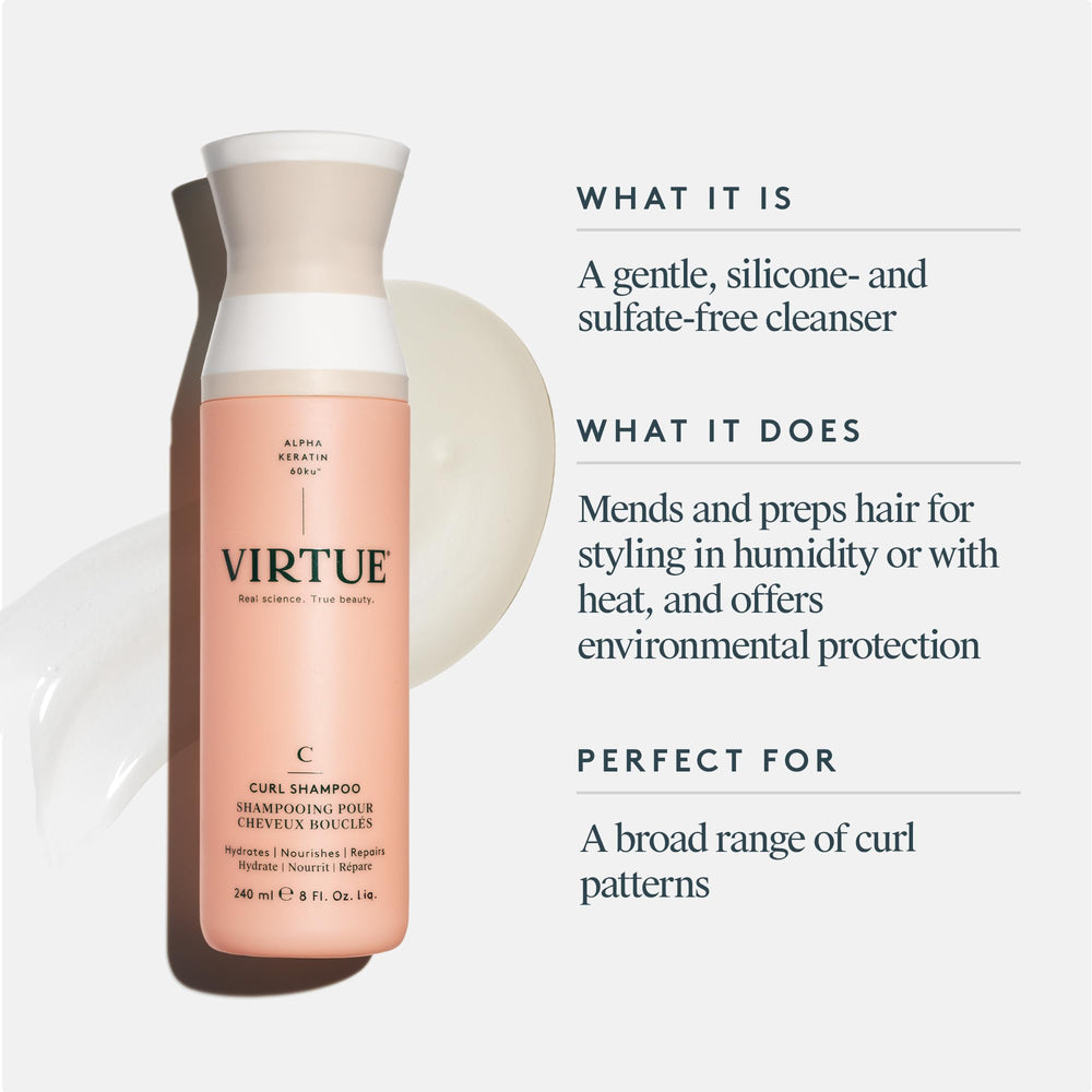VIRTUE Curl Shampoo bottle showing easy daily application