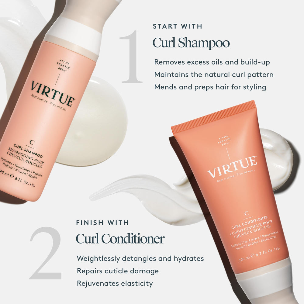 VIRTUE Curl Shampoo color-safe bottle indicating gentle cleansing for treated hair