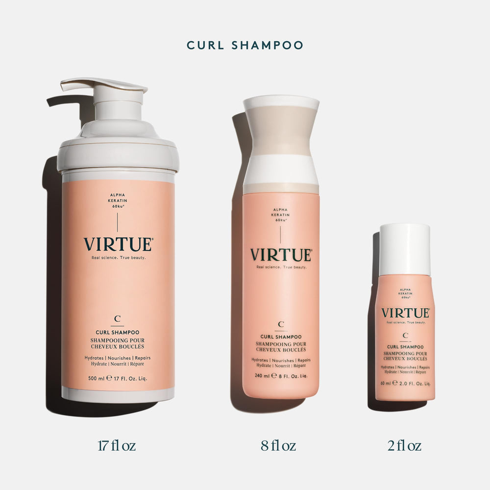 VIRTUE Curl Shampoo vegan label highlights plant based care for curls
