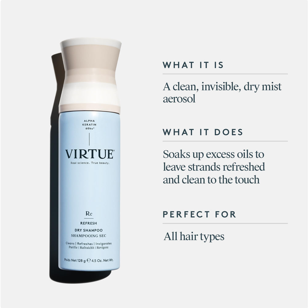 VIRTUE dry shampoo spray mist on hair for quick refresh and oil control