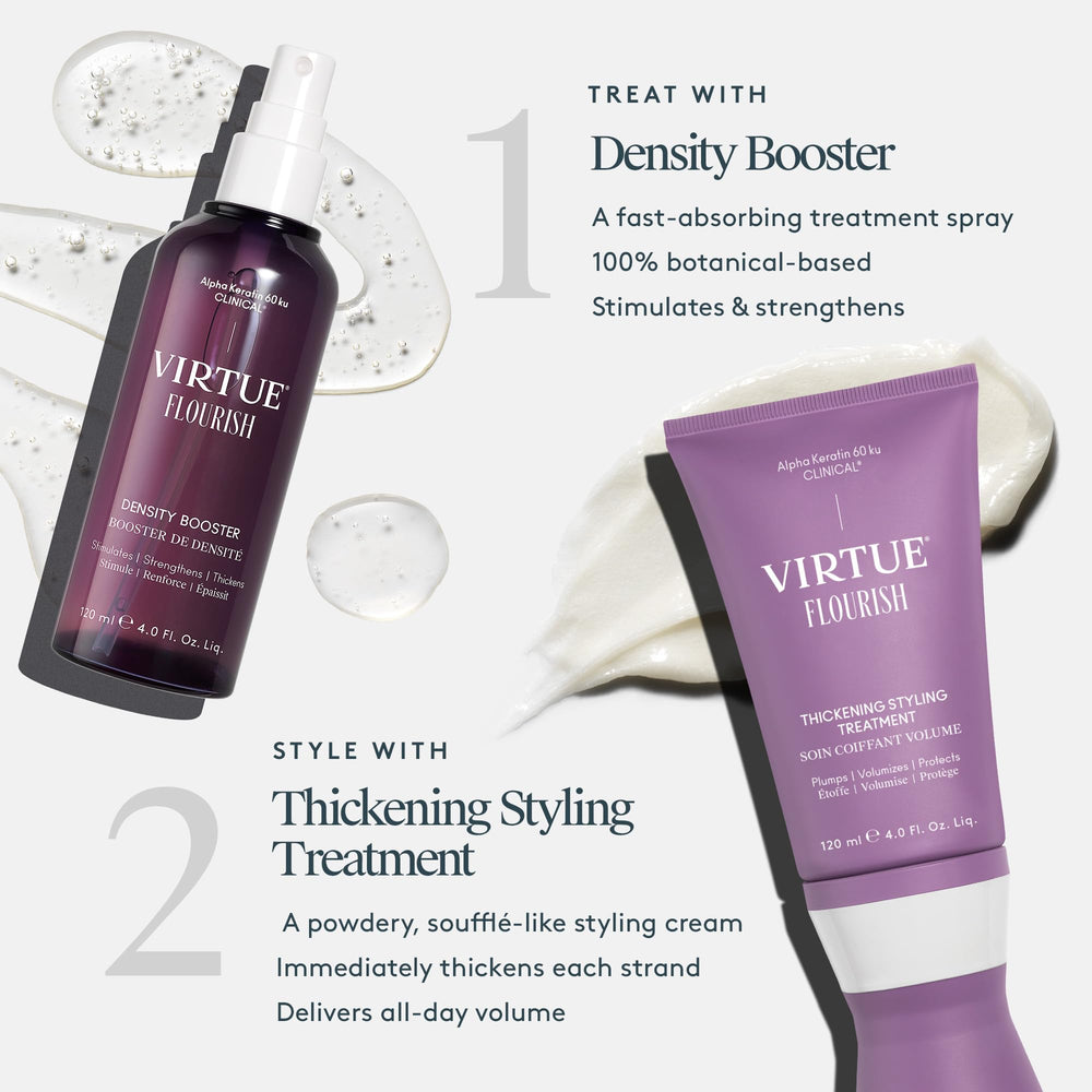 Before and after shot with VIRTUE Flourish demonstrating fuller hair